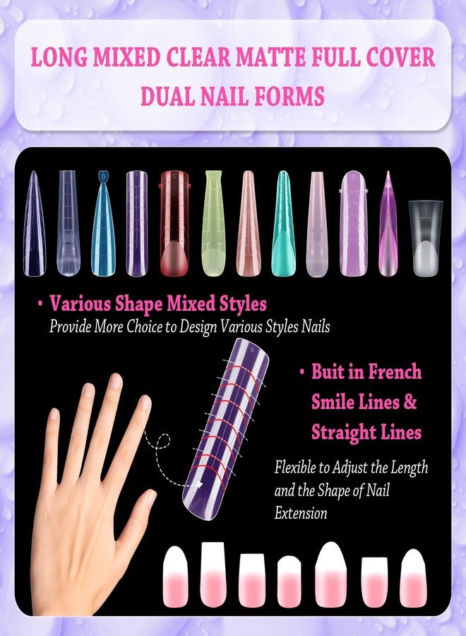 Outopen 288pcs Long Mixed Dual Nail Forms Clear Multicolor Full Cover Nail Art Mold with Scale for Polygel Extension Beginners DIY Manicure 12 Styles Long Duck Stiletto Square Almond Mixed Nail Forms - Image 2